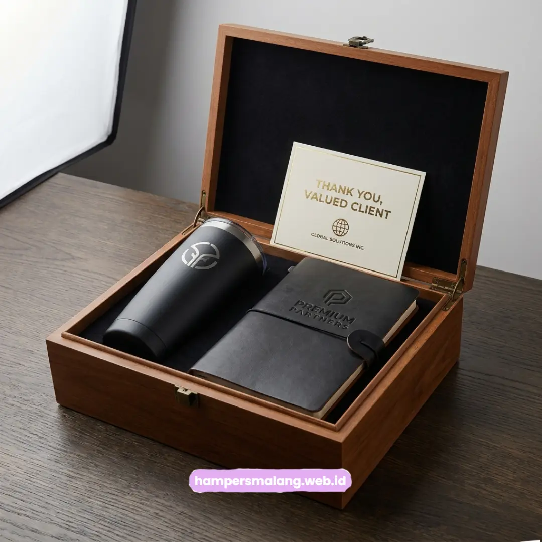 Ilustrasi Hampers Eksklusif dengan Tumbler dan Notebook