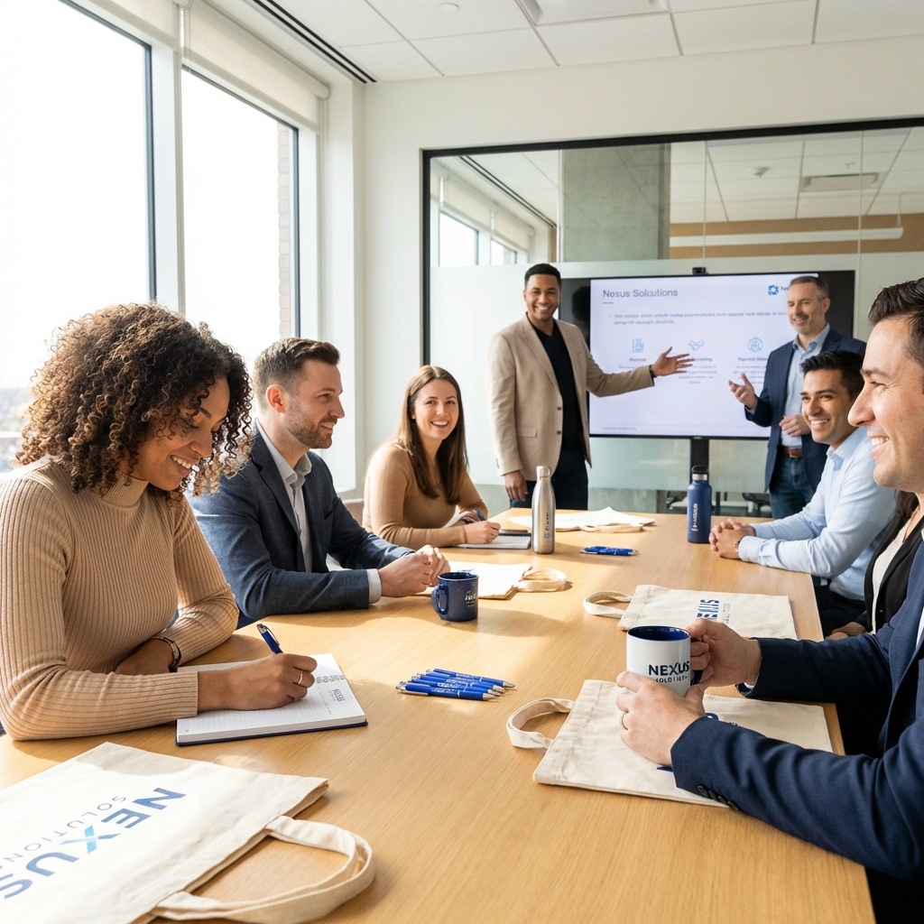 Suasana Meeting Kantor dengan Merchandise Branding Kit