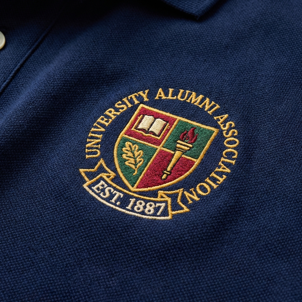 Detail Bordir Logo Alumni pada Kain Polo Lacoste