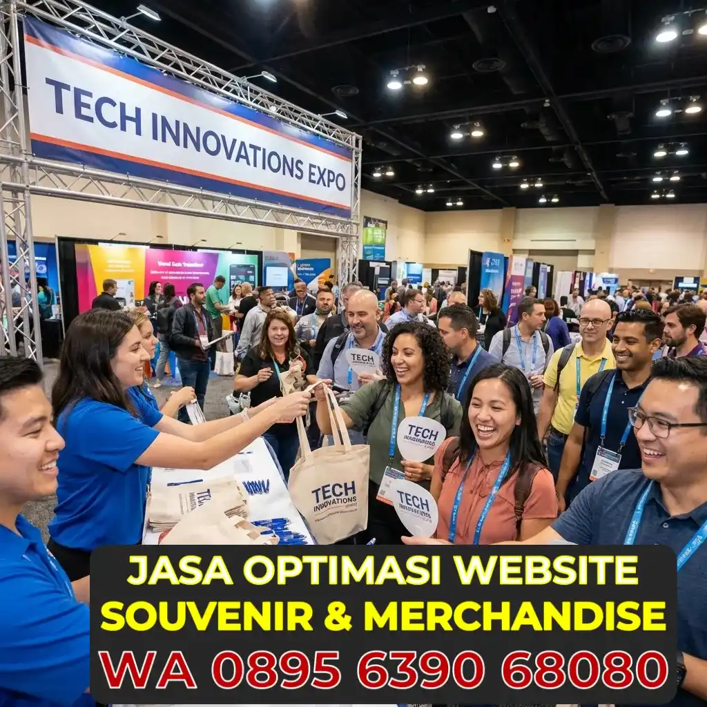 Suasana Booth Pameran Ramai Pengunjung Menerima Souvenir